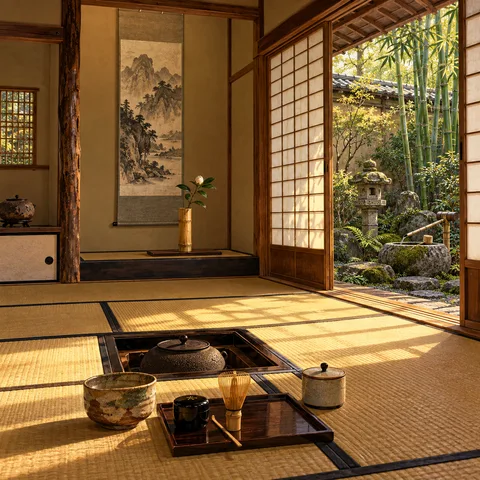 Sunlight falls across tatami mats in a Japanese tearoom with an ink scroll in the alcove and open paper screens framing a green bamboo garden.