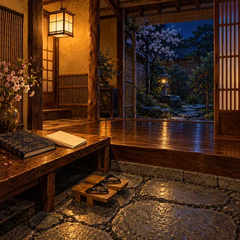 A traditional Kyoto teahouse entryway at night, featuring a hanging paper lantern, polished cedar floor, wooden geta sandals, and a folded note resting on a low bench.