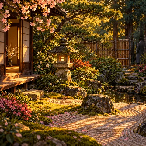 Late afternoon sun over a Kyoto tea garden with raked sand, a glowing stone lantern, and a man in a grey coat standing beyond a bamboo fence.