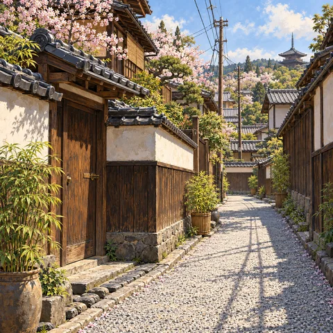 A narrow gravel alley in Kyoto lined with dark cedar fences, white plaster walls, potted bamboo, and blooming cherry blossoms beneath a distant pagoda.