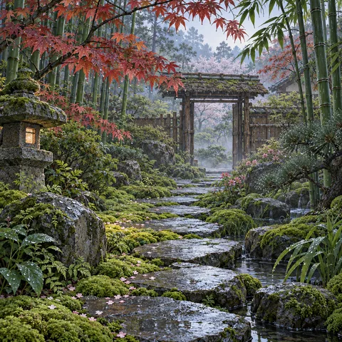 A dew-covered flagstone path winds through lush green moss past a glowing stone lantern toward a thatched wooden gate at dawn.