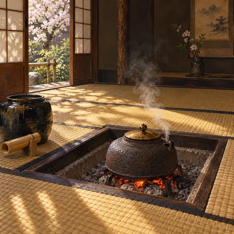 A textured cast iron kettle with a bronze lid steams over glowing charcoal in a sunken hearth set into woven tatami mats in a Japanese tearoom.