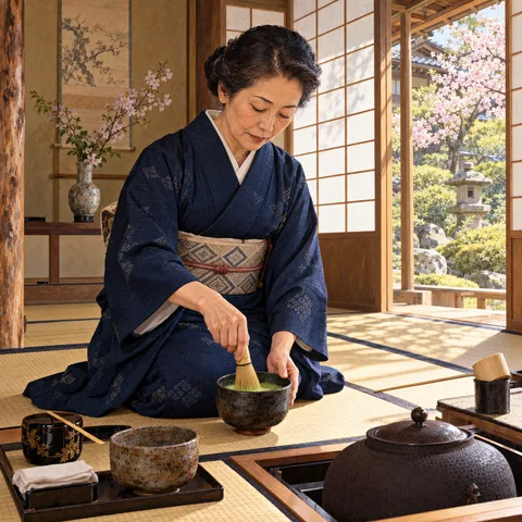 A woman in a dark indigo kimono kneels on tatami mats whisking green matcha in a bowl, with an open shoji screen showing a garden.