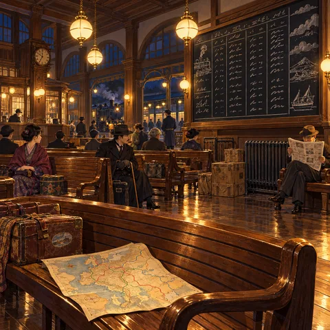 Passengers sit on wooden benches in a warm station waiting hall at night, with an unfolded European railway map on a front seat and a steam train outside.