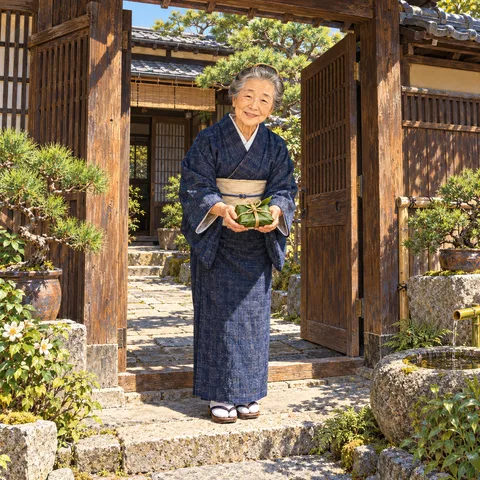 An elderly Japanese woman in a patterned indigo kimono smiles at a wooden gate, holding a small green parcel wrapped in leaves.