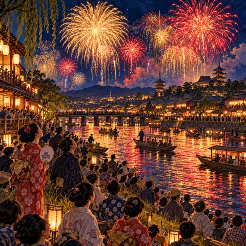 Spectators in kimono watch golden and red fireworks explode over the Kamo River, where wooden lantern boats float near an arched bridge and distant pagodas.