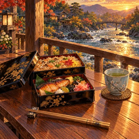 An open black lacquer bento box with grilled fish and seasoned rice sits beside a steaming teacup on a wooden balcony overlooking a river at sunset.