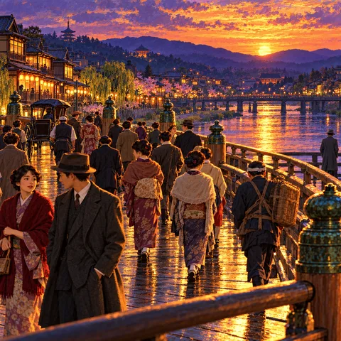 Crowds cross a wooden bridge at sunset as golden light reflects on the river, with riverside teahouses on the left and a distant pagoda.