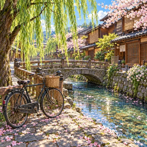 A vintage bicycle with a wicker basket rests by a stone bridge over the clear Shirakawa canal, shaded by weeping willows and blooming cherry trees.