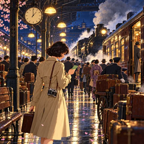 Young Ada in a beige trench coat holds a green ticket on a crowded night train platform beside a steam locomotive and luggage carts.