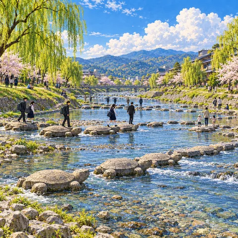 People cross Kyoto's shallow Kamo River on turtle-shaped stepping stones beneath weeping willows and blooming cherry trees, with mountains under a blue sky.