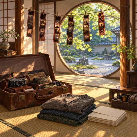 Morning sun lights a tatami room where an open leather suitcase, folded wool sweaters, and hung film strips sit before a large circular window overlooking a rock garden.