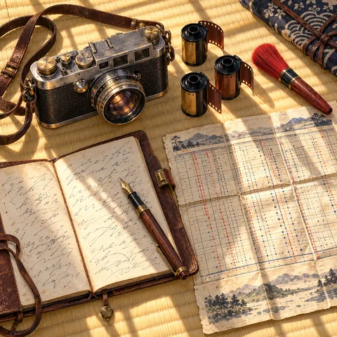 A vintage rangefinder camera, three film canisters, an open notebook with a pen, a red lens brush, and an unfolded train timetable arranged on a tatami mat.