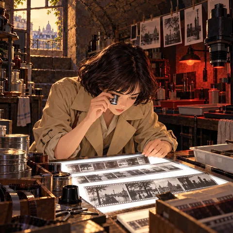 Ada in a beige trench coat leans over a glowing lightbox in a stone darkroom, holding a silver loupe to her eye to inspect strips of black-and-white film negatives.