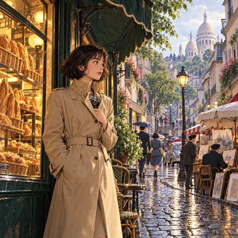 Young Ada shelters under a dark green bakery awning in Montmartre, tucking her camera inside her beige trench coat while rain wets the cobblestones.