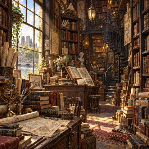 An antiquarian bookshop interior with towering bookshelves, an iron spiral staircase, an open atlas on a desk, and a window overlooking Notre-Dame across the river.