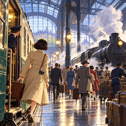 A young woman in a beige trench coat steps off a train onto a misty station platform, beside a black steam locomotive and departing passengers.