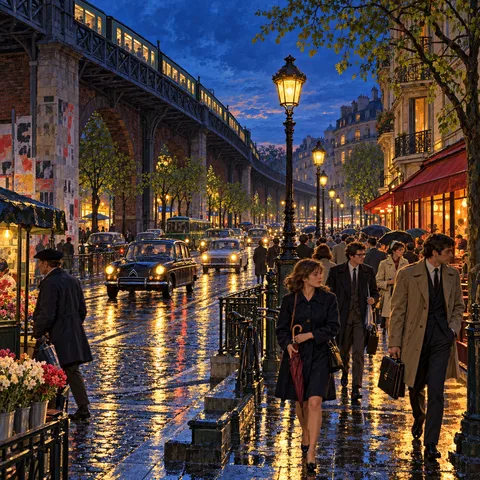 A twilight street scene on Avenue Daumesnil with glowing street lamps, wet cobblestones, commuters on the sidewalk, vintage cars, and an elevated railway viaduct.