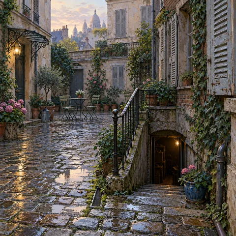 Damp cobblestone courtyard in Paris at dawn with weathered limestone walls, climbing ivy, a green bistro table, and stone steps leading down to a cellar.