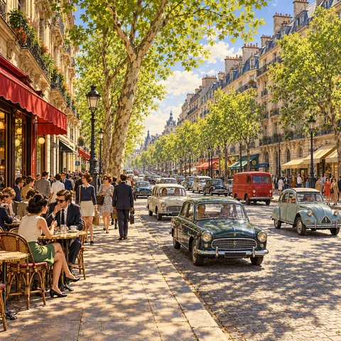 A sunlit Parisian boulevard with outdoor cafe tables, pedestrians under plane trees, and vintage cars including a dark green sedan and a red van.