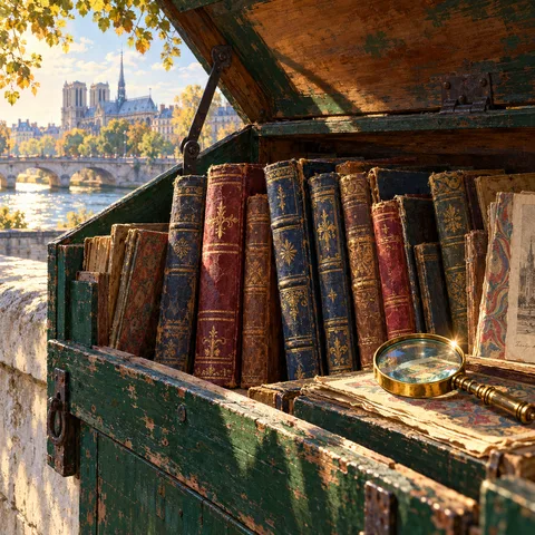 An open green wooden bouquiniste box filled with antique leather-bound books on a stone parapet overlooking the Seine, with a brass magnifying glass resting on old papers.