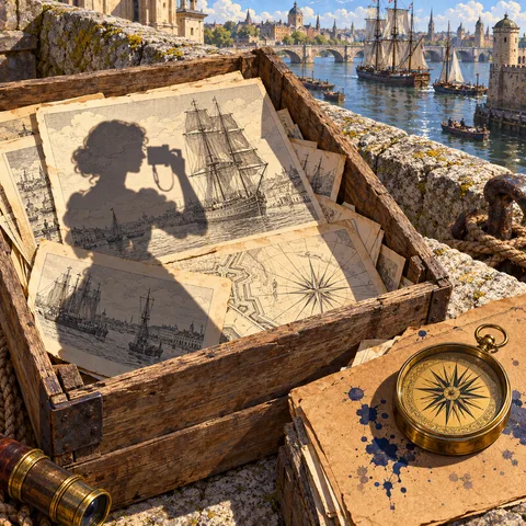 A wooden crate of maritime prints on a stone parapet, covered by a photographer's shadow, with a brass compass resting on splattered paper beside the Seine.