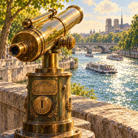 A vintage brass viewing telescope mounted on a stone parapet overlooks the sunlit Seine, with riverboats and Notre-Dame Cathedral in the distance.