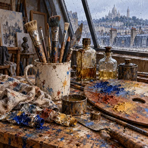A paint-splattered wooden table holds a mug of brushes, bottles of oil, open paint tubes, and an oval palette before a rain-streaked window overlooking Paris rooftops.