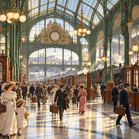 Sunlight streams through the vaulted glass and iron ceiling of a bustling railway concourse filled with vintage travelers and station attendants.