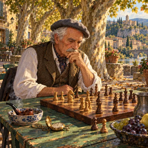 An elderly man in a grey beret and tweed waistcoat studies a wooden chessboard at a green table, where a smoking pipe rests in an ashtray beside an open pocket watch.