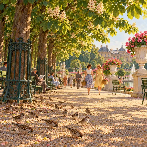 Morning sunlight filters through blooming chestnut trees along a gravel promenade in Luxembourg Gardens where sparrows forage and two women stroll with wicker baskets.