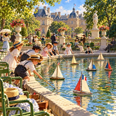 Children at the edge of the Luxembourg Gardens basin guide toy sailboats with wooden poles, while a man in a grey suit reads a book on the terrace before the palace.