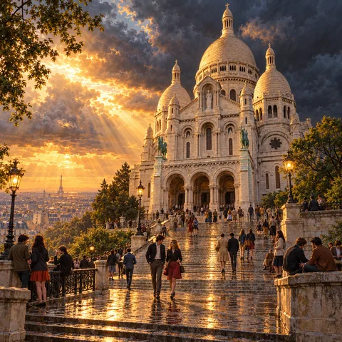 Golden dusk sunlight breaks through storm clouds over the white domes of Sacré-Cœur and wet stairs filled with visitors, with the Eiffel Tower on the horizon.
