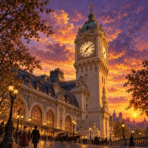 The Gare de Lyon clock tower rises beside the station facade under an amber and violet sunset, with carriages and pedestrians below.