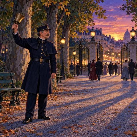 A park warden in a navy uniform rings a brass handbell on a gravel path as visitors leave through ornate iron gates at sunset, with the Panthéon in the distance.