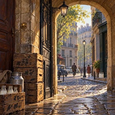 Wooden delivery crates and milk bottles rest inside a sunlit stone carriage archway opening onto a cobblestone Parisian street with a cyclist and vintage cars.