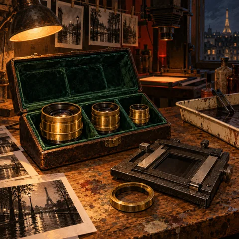 Three brass enlarger lenses rest inside a green velvet case on a scarred darkroom table beside a negative carrier and photographic prints.