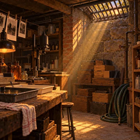 A stone darkroom basement where a diagonal beam of golden evening sunlight streams through an overhead sidewalk grate onto wooden plate boxes and a coiled green hose.