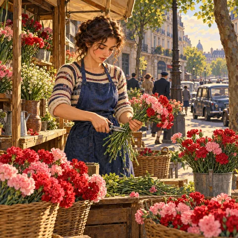 A young woman in a blue apron and striped sweater trims pink carnations at an outdoor Parisian flower stall surrounded by wicker baskets.