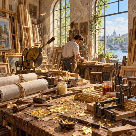 A sunlit framing workshop with rolled canvases, a brass miter saw, and gold leaf flakes on a workbench overlooking the Seine.