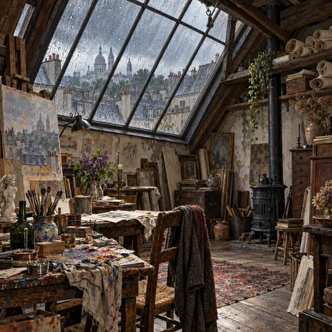 An artist attic atelier in Paris with rain streaking across a sloped glass skylight framing Sacre-Coeur, paint-splattered worktables, and an iron stove.