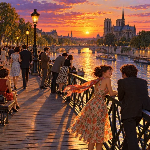 Couples linger on the Pont des Arts at golden sunset as a woman's silk scarf flutters in the breeze, with the Seine and Notre-Dame glowing in the distance.