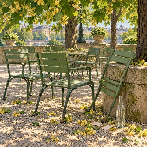 Green slatted park chairs stand on sunlit gravel beneath blooming lime trees, with one chair propped against a stone tree planter beside an empty glass bottle.