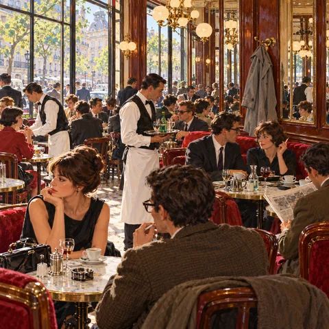 Patrons sit along red velvet banquettes in a sunlit Paris café with tall mirrors, busy waiters in white aprons, and a grey coat hanging from a wall peg.