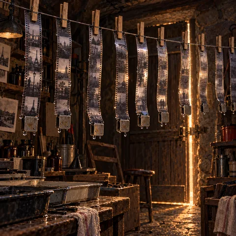 Strips of developed negative film hang from wooden clothespins on a wire in a stone darkroom, with sunlight filtering through a cracked cellar door.