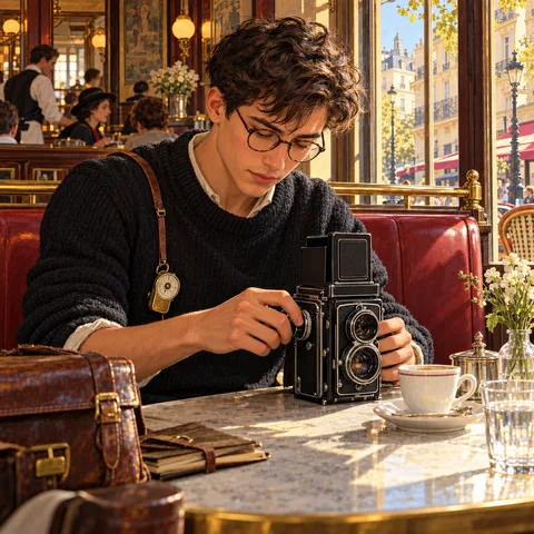A young man with round glasses and a dark sweater adjusts a twin-lens reflex camera on a sunlit marble table inside a Parisian café booth.