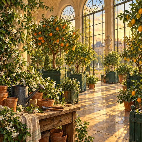 Sunlight fills an orangery with rows of potted citrus trees, arched windows overlooking gardens, and a wooden potting bench with a watering can and shears.