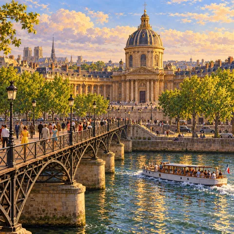 Looking across the Seine to the golden dome of the Institut de France, with pedestrians on the Pont des Arts and a passenger cruiser on the river.
