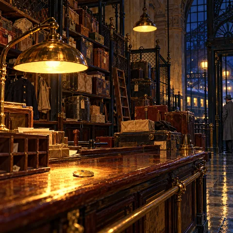 A dimly lit station left luggage office with luggage shelves, a brass counter lamp, a brass token on the wooden counter, and a man in a grey coat by the exit.
