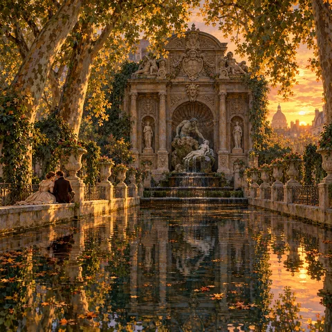 The Medici Fountain in golden dusk light, with plane trees framing a long water basin, classical stone statues in the grotto, and two lovers seated on the parapet.